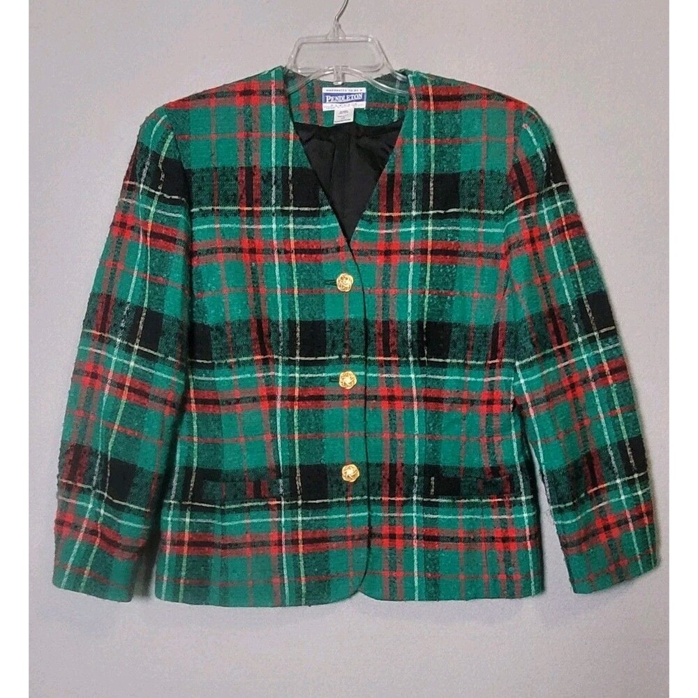 Vtg Pendleton Jacket Women 10 Green Plaid Tweed Wool Blazer Made In USA
